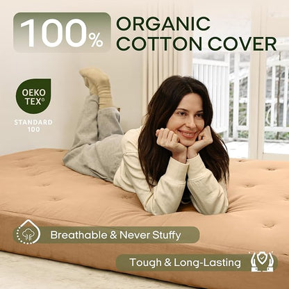 ZonLi Japanese Floor Futon Mattress Queen Size 80"x 60", 100% Cotton Cover 2.5'' Thicken Tatami Mattress, Foldable Sleeping Pad, Portable Dormitory Tatami Mat(Khaki)