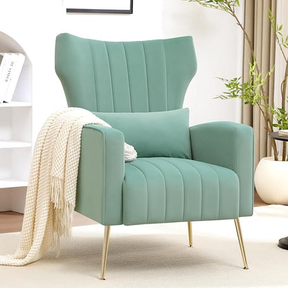 Modern Accent Chair Upholstered Living Room Chair,High Back Arm Chair with Metal Legs Lumbar Reading Chair for Bedroom, Apartment, Small Spaces Lake Green