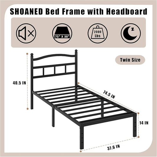 SHOANED 14 Inch Metal Bed Frame - Twin Size Heavy Duty Bedframe with Headboard Black Basic Steel Slats Platform No Box Spring Needed/Easy Assembly/Noise Free