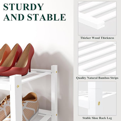 Smiry Small Bamboo Shoe Rack, 4 Tier Free Standing Wooden Shoe Organizer, Stackable Wood Shoe Storage Shelf for Closet, Entryway, 12 Vertical Slats, 2+2 Stack Standard Legs, 17.3"x11"x26", White