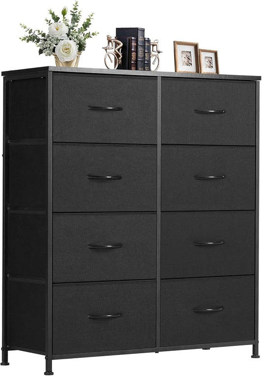 DUMOS 8 Drawer Dresser for Bedroom, Fabric Storage Organizer with Sturdy Metal Frame, Wooden Top Chest of Drawers for Closet Entryway Guest Room,Matte Black