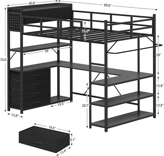 Loft Bed Twin Size with Storage Upholstered Headboard, Black Twin Loft Bed Frame with U-Shaped Desk & LED Lights, Bunk Loft Beds with Power Outlet, Loft Beds with 4 Storage Drawers, Guard & Ladder