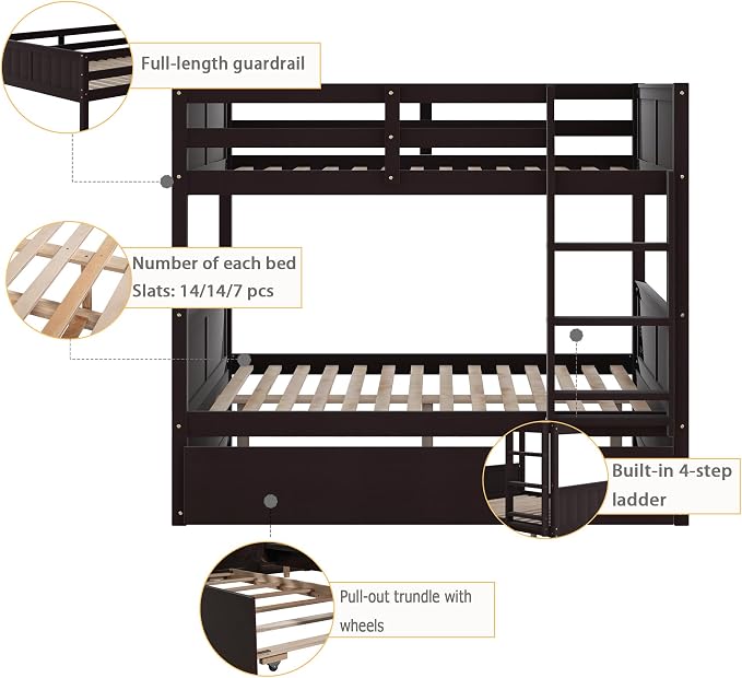 Merax Trundle Bunk Bed, Full Over Full Wood Bunk Bed with Twin Size Trundle, Guardrail and Ladder, Can be Separated into 2 Beds, Espresso