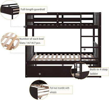 Merax Trundle Bunk Bed, Full Over Full Wood Bunk Bed with Twin Size Trundle, Guardrail and Ladder, Can be Separated into 2 Beds, Espresso