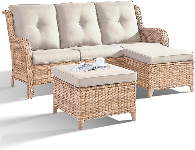 Outdoor Patio Furniture - 3 Seater Outdoor Rattan Wicker Sofa Patio Couch with Ottoman for Porch Deck Garden Backyard - Yellow/Beige
