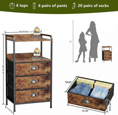 Night Stand with 3 Fabric Drawers, Bedside Table with Wood Top and 2 Tier Shelf, End Table with Storage Drawer Dresser, Small Side Table for Bedroom, Metal Frame, Rustic Brown