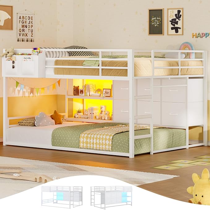 Full Over Twin Bunk Bed with 6 Drawers, Metal Frame Bunk Bed with LED Lights, Convertible Storage Bunk Bed with Extra-High Guardrails & Non-Slip Ladder, 2-Way Installation,for Teens, White