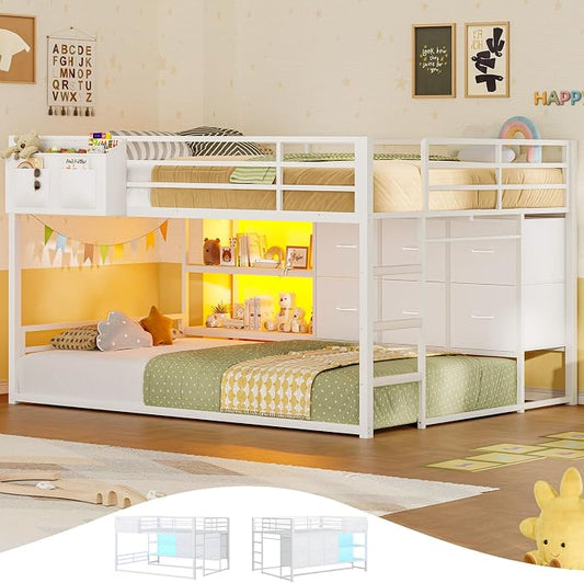 Full Over Twin Bunk Bed with 6 Drawers, Metal Frame Bunk Bed with LED Lights, Convertible Storage Bunk Bed with Extra-High Guardrails & Non-Slip Ladder, 2-Way Installation,for Teens, White