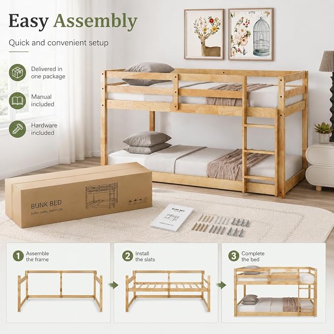 Twin Over Twin Bunk Bed, Low Profile Wooden Frame for Kids Bedroom, Floor Bunk with Ladder and Guardrails, Rubber Wood Construction, 13 Plywood Slats, No Box Spring Needed (Natural)