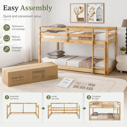 Twin Over Twin Bunk Bed, Low Profile Wooden Frame for Kids Bedroom, Floor Bunk with Ladder and Guardrails, Rubber Wood Construction, 13 Plywood Slats, No Box Spring Needed (Natural)