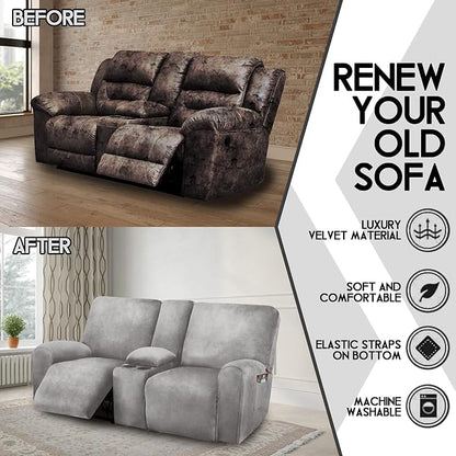 Reclining Love Seat with Middle Console Slipcover, 8-Piece Velvet Stretch Loveseat Reclining Sofa Covers, 2 seat Loveseat Recliner Cover, Thick, Soft, Washable, Loveseat Slipcovers (Light Grey)