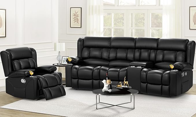 Dresegmt Recliner Sofa Set with Storage Console, Flip Middle Backrest Design PU Leather 3 Seater Reclining Sofa and Single Recliner Chair, Manual Couches for Living Room (Black, 3 Seat+Console+1)