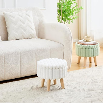 Wimarsbon Storage Ottoman, Modern Round Footrest with Soft Padded Seat, Teddy Velvet Footstool with Wood Legs, Accent Small Table or Plant Stand for Hallway, Living Room (Light Green)