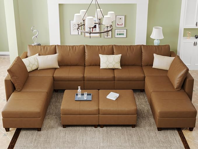 EASE MOOSE Faux Leather Sectional, Large Faux Leather Modular Sofa Couch U Shaped Sectional Couch with Storage Ottomans, Brown