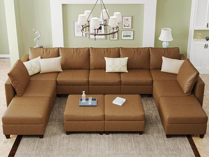 EASE MOOSE Faux Leather Sectional, Large Faux Leather Modular Sofa Couch U Shaped Sectional Couch with Storage Ottomans, Brown