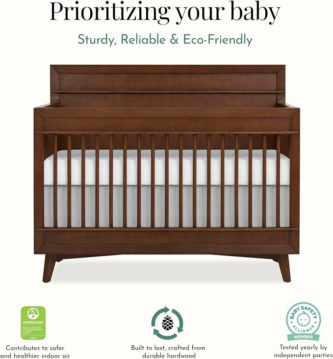 Evolur Loft Antilia Mid-Century 4-in-1 Crib in Walnut, Greenguard Gold & JPMA Certified, Baby Crib Converts to Toddler Bed, Daybed & Full Bed