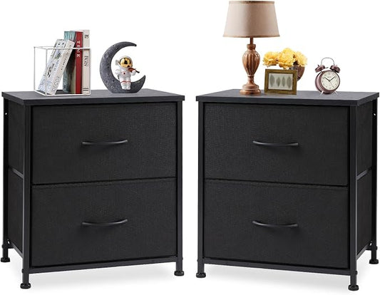 DUMOS Nightstand Set of 2, Small Dresser with 2 Fabric Drawers, End Table | Bedroom Kids Bedside Storage Furniture for 25 inch Tall Night Stand, Dorm, Ink