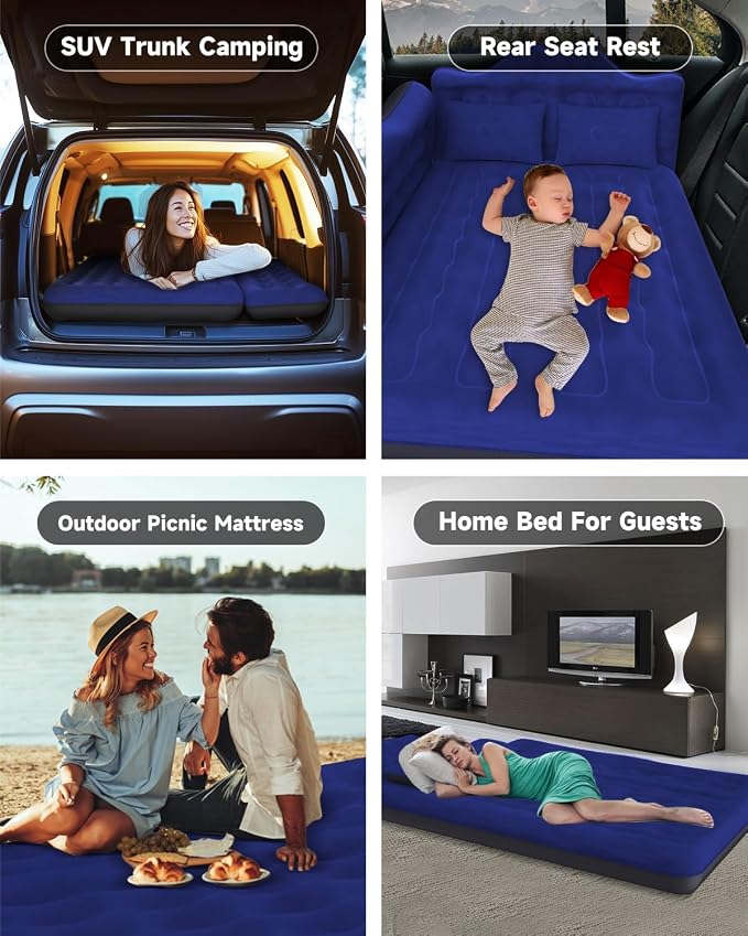 Umbrauto Car Air Mattress Bed: Inflatable SUV Camping Sleeping Pad for Truck Back Seat with Pump & Pillows, Blow Up Backseat Car Mattress for Van Rear Seat Navy