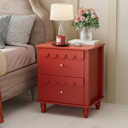 Anbuy Red Nightstand with Petal Pattern, Modern Night Stand with 2 Drawers for Bedroom, Side End Table Scalloped Bedside Night Tables with Solid Wood Legs