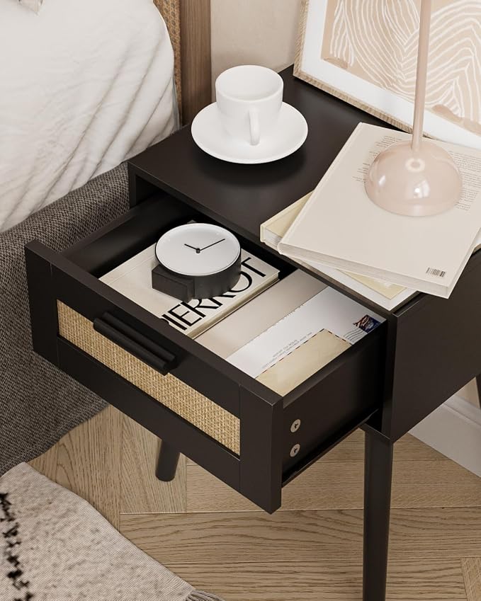 Aienvey Bedroom Nightstands Wooden Night Stands with Rattan Weaving Drawer Home Bedside End Table for Bedroom Storage (Bohemian-Black)