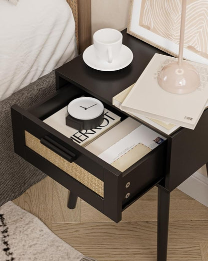 Aienvey Bedroom Nightstands Wooden Night Stands with Rattan Weaving Drawer Home Bedside End Table for Bedroom Storage (Bohemian-Black)