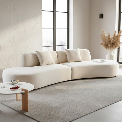 Container Furniture Direct Belmont 132" Curved Sofa with Throw Pillows, 6 Seater Luxury Velvet Couch with Half Moon Design and High-Density Foam Ideal for Modern Living Room, Office & Apartment, Ivory