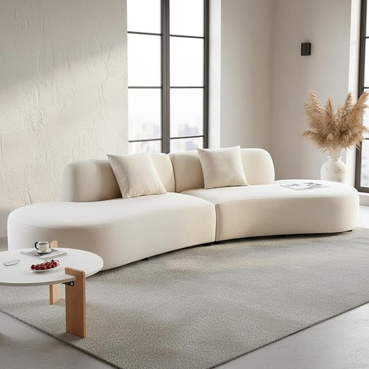 Container Furniture Direct Belmont 132" Curved Sofa with Throw Pillows, 6 Seater Luxury Velvet Couch with Half Moon Design and High-Density Foam Ideal for Modern Living Room, Office & Apartment, Ivory