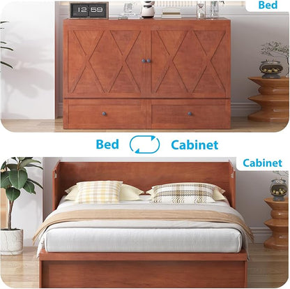 Mjkone Murphy Bed, Queen Hidden Cabinet Bed with Built-in USB Charging Station and 2 Storage Drawers, Murphy Wall Beds Cabinet Beds for Living Room, Guest Room, Apartment, Brown (No Mattress)