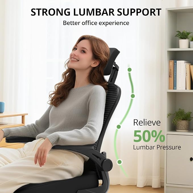 Office Chair Ergonomic Desk Chair, 330LBS Capacity, High Back Computer Chair for Long Hours Comfortable, Rolling Swivel Executive Task Chair for Home Office with Flip-up Armrests, Black