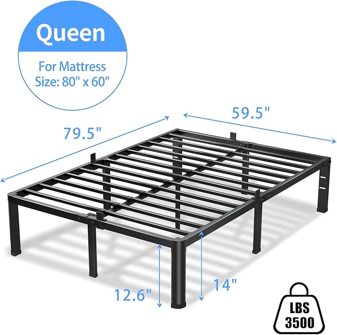 VIPSHOW 14 Inch Queen Bed Frame, 3500Lbs Heavy Duty Metal Platform with Round Corner Legs Mattress Slide Stopper, Steel Slat Support No Box Spring Needed, Noise Free, Non-Slip, Easy Assembly