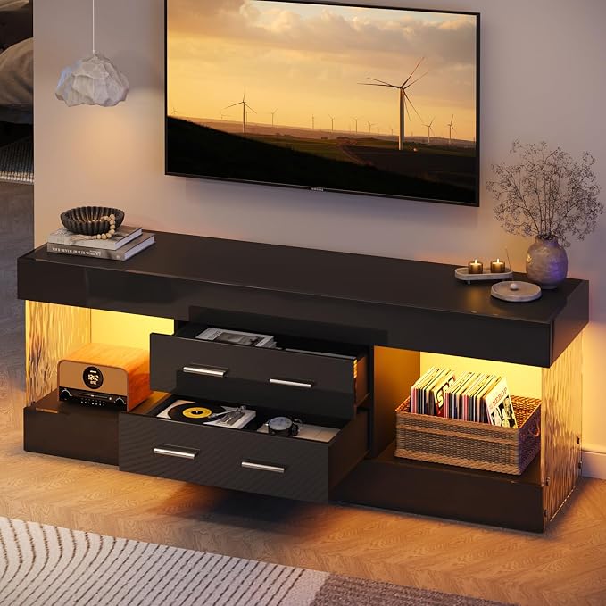 Bestier Modern 60 Inch TV Stand for 65/60/55+ TV, High Gloss Black Entertainment Center with 2 Drawers & LED Lights, Stone-Pattern Side Panels TV Consoles for Living Room, Bedroom
