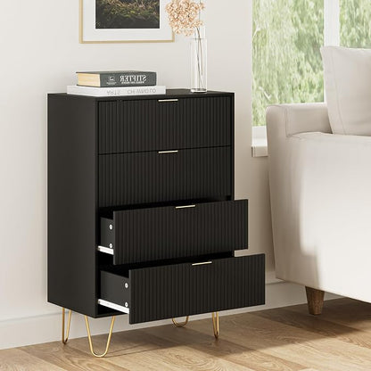 Masupu 4 Drawer Dresser, Drawer Chest, Tall Storage Chest Cabinet Organizer Unit with Metal Legs, Small Dresser for Bedroom, Living Room, Closet, Hallway Black Stripe