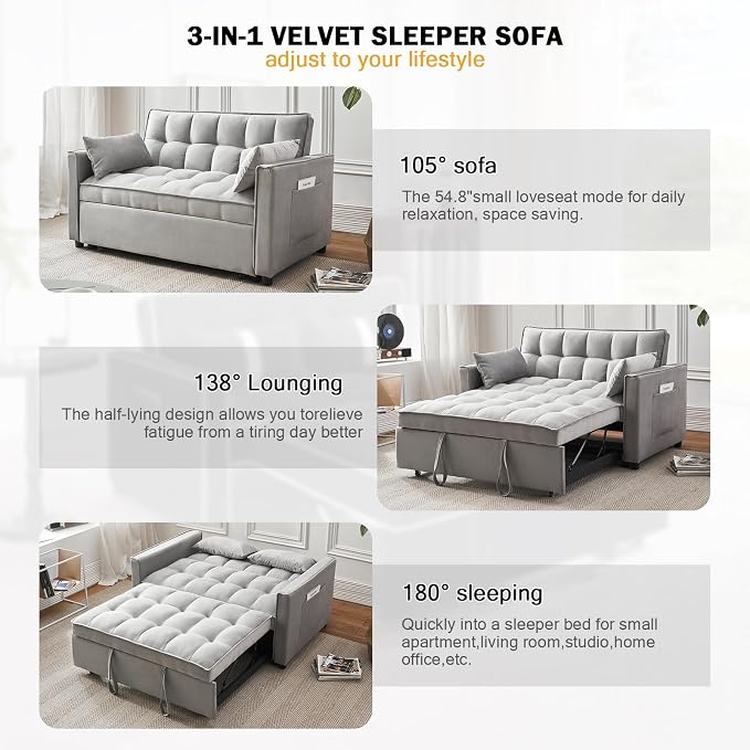Velvet Pull Out Couch Bed & Sleeper Sofa, 3-in-1 Convertible Sofa Bed with Adjustable Backrest, Storage Pockets, Armrests & Pillows for Small Spaces (Gray)