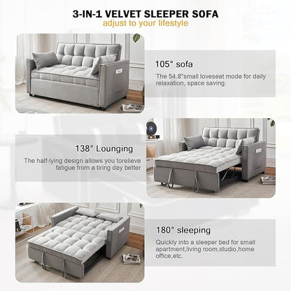 Velvet Pull Out Couch Bed & Sleeper Sofa, 3-in-1 Convertible Sofa Bed with Adjustable Backrest, Storage Pockets, Armrests & Pillows for Small Spaces (Gray)