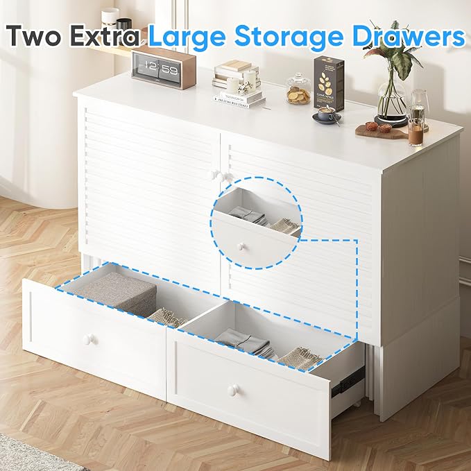 PUREMIND Queen Murphy Bed with Mattress Included, Multi-Functional Hideaway Cabinet Bed with Storage Drawer, USB Charging Port and Folding Bedside Panel, Space Saving Chest Beds Wallbed for Guest Room