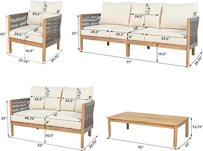 Christopher Knight Home Havets 5 Pieces Outdoor Acacia Furniture Set, Woven Rope Loveseat and Accent Club Chairs, 6" Thick Cushions Sofa and Coffee Table Set for Backyard Garden Balcony, Gray+Beige