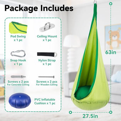 Y-STOP Kids Pod Swing Seat, Hanging Hammock Chair with Inflatable Pillow, Sensory Swing Chair with Pocket for Indoor and Outdoor(Green)