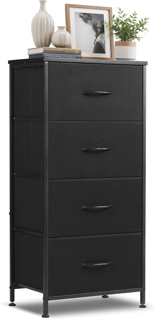 4 Drawers Dresser for Bedroom, Upgraded Fabric Storage Tower Organizer with Wooden Top and Steel Frame, Tall Chest of Drawers for Closet, Entryway, Dorm, Soft Black