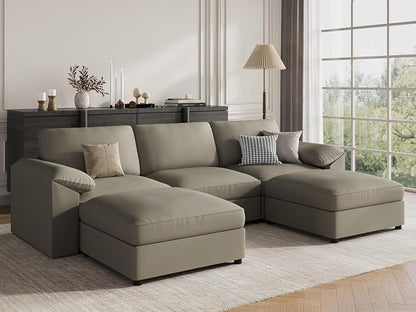 EASE MOOSE Extra Large Faux Leather Sectional U Shaped Couch, Oversized Modular Sofa with Deep Seat for Living Room,Comfy Scratch Resistant Couch,Modern Sofas with Ottoman,Light Grey