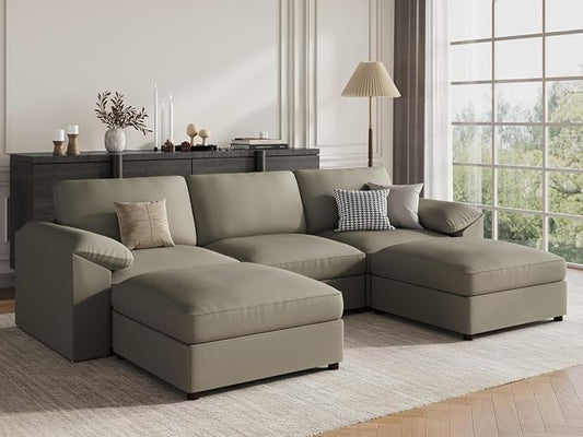 EASE MOOSE Extra Large Faux Leather Sectional U Shaped Couch, Oversized Modular Sofa with Deep Seat for Living Room,Comfy Scratch Resistant Couch,Modern Sofas with Ottoman,Light Grey
