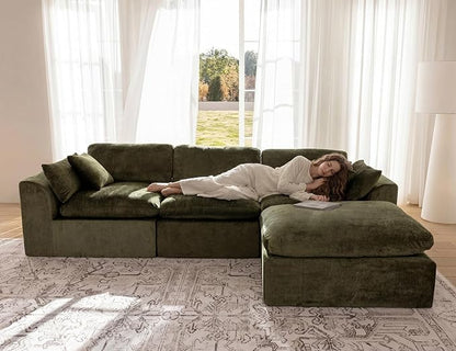 115" Modular Sectional Sofa – Modern Cloud Couch with Deep Chenille Seats,L-Shape Boneless Couch for Living Room, No Assembly, Olive Green (3 Seater + 1 Ottoman)