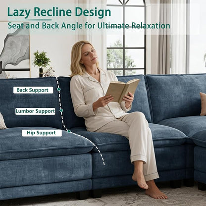 Modern L Shaped Sofa Couches for Living Room, Modular Sectional Cloud Couch with Movable Ottoman, Comfy Chenille Sofa for Apartment and Small Space,Blue