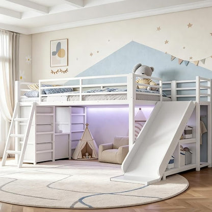 Bellemave Twin Loft Bed with Slide & Ladder, Metal Kids Loft Bed with Storage Drawers & LED Lights, Low Loft Bed Twin Size with Wood Wardrobe & Bookcase, Loft Bed for Kids Teens, White