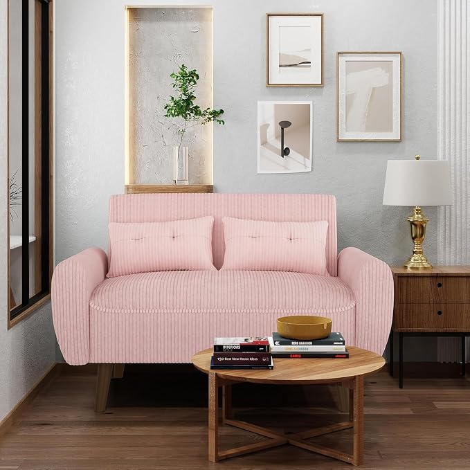 Shintenchi 48'' Loveseat Sofa, Mid-Century Modern Upholstered Couch Deep Seat with 2 Pillows, 10" Thick Cushion with Spring, Solid Wood Frame Small Couch for Living Room, Bedroom, Dorms & Office, Pink