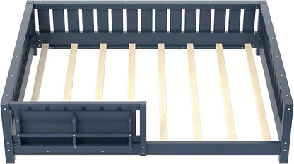 Bellemave Queen Size Montessori Floor Bed with Slats and Fence, Queen Size Montessori Bed with Rails and Bookcase, Easy Assemble Floor Beds Frame,Blue
