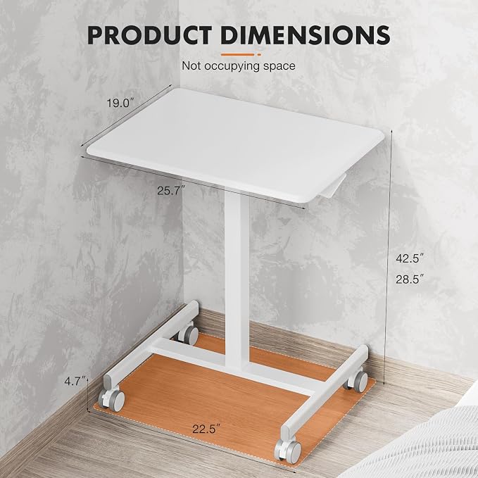 Sweetcrispy Mobile Rolling Desk with Lockable Wheels, Small Standing Laptop Desks, Sit Stand Adjustable Height Table Portable, Computer Workstations for Home Office, White