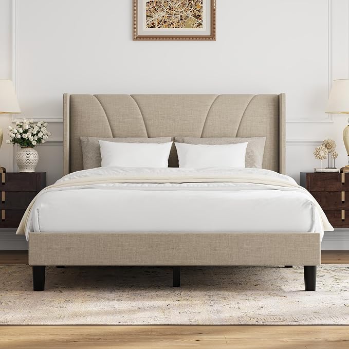 Novilla Queen Size Bed Frame, Queen Bed Frame with Headboard, Linen Upholstered Wing Side Headboard, No Box Spring Needed, Heavy Duty Feet, Easy Assembly, Beige