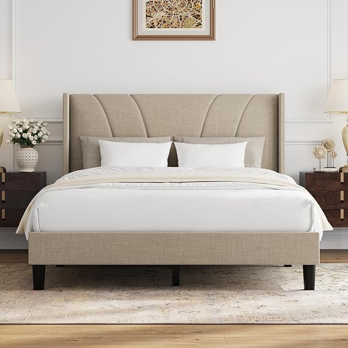 Novilla Full Size Bed Frame, Full Bed Frame with Headboard, Linen Upholstered Wing Side Headboard, No Box Spring Needed, Heavy Duty Feet, Easy Assembly, Beige
