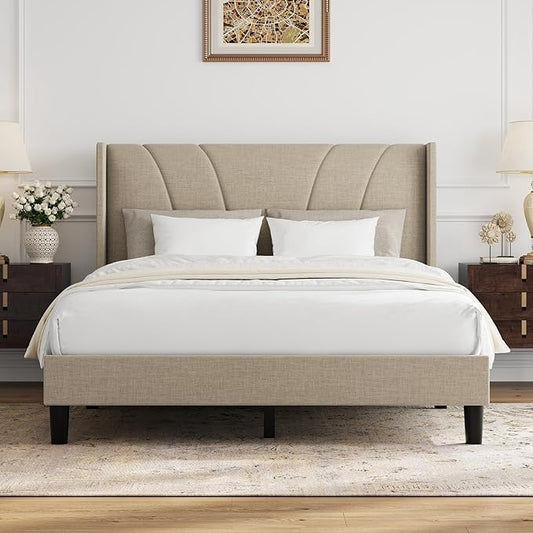 Novilla Full Size Bed Frame, Full Bed Frame with Headboard, Linen Upholstered Wing Side Headboard, No Box Spring Needed, Heavy Duty Feet, Easy Assembly, Beige
