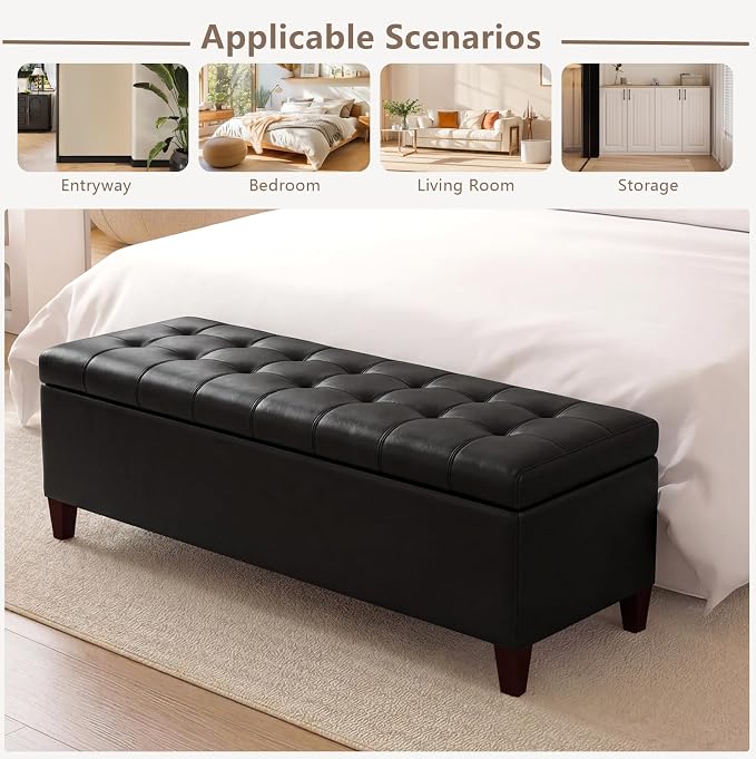 Joveco Storage Ottoman Bench, 51 Inch Leather Tufted Upholstered Bench for End Foot of Bed, Bedroom, Living Room, Black